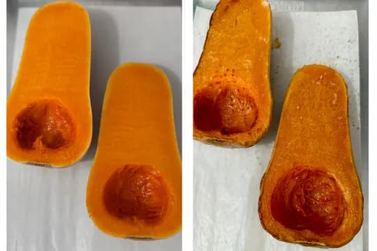 "Butternut squash halves before and after cooking, showing the raw squash next to the softened, roasted halves ready for pureeing."