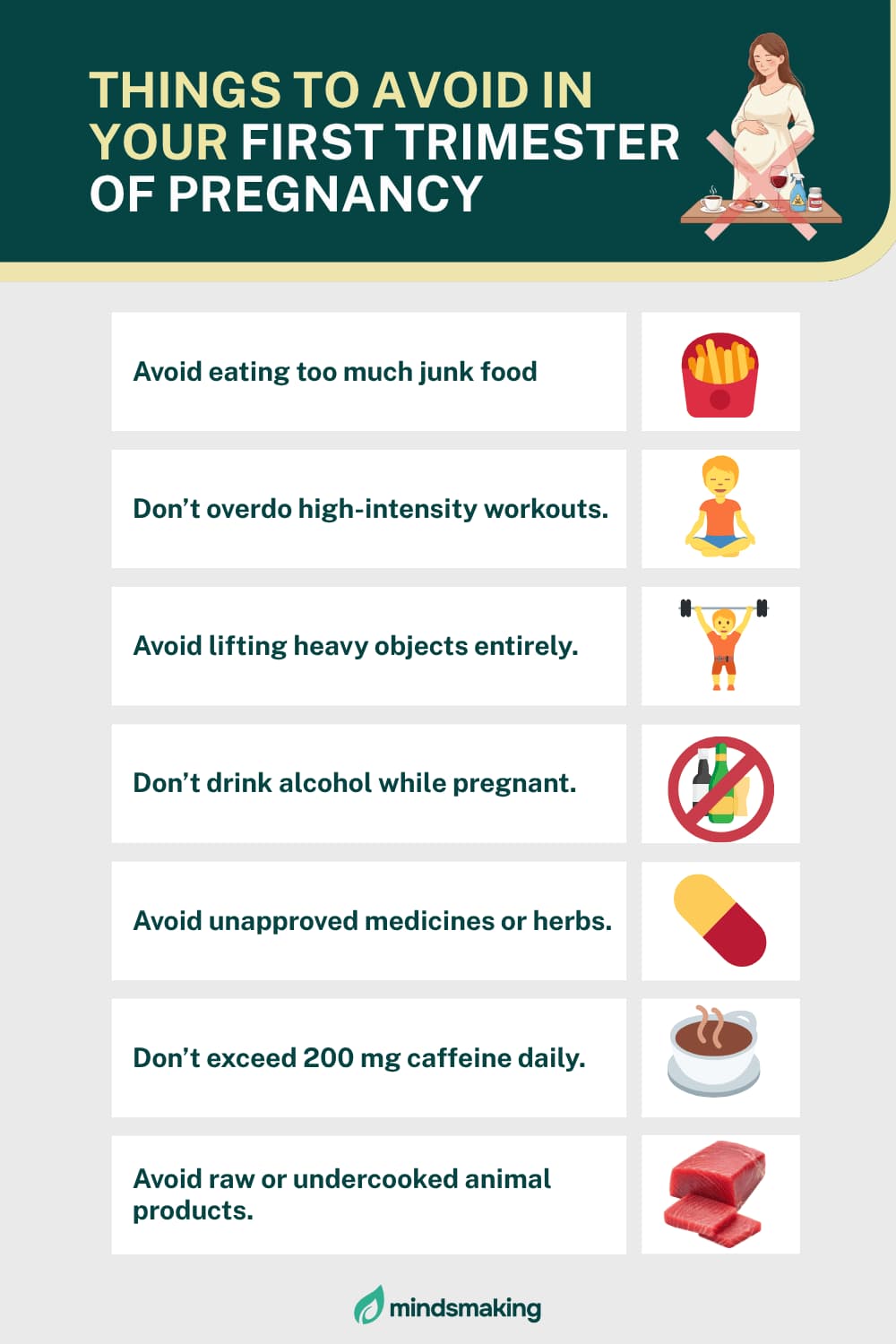Infographic titled 'Things to Avoid in Your First Trimester of Pregnancy,' listing warnings like avoiding junk food, high-intensity workouts, heavy lifting, alcohol, unapproved medicines, excessive caffeine (over 200 mg), and raw or undercooked meats