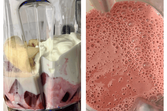 "Ingredients being blended into a thick, vibrant pink smoothie with a smooth and creamy consistency."