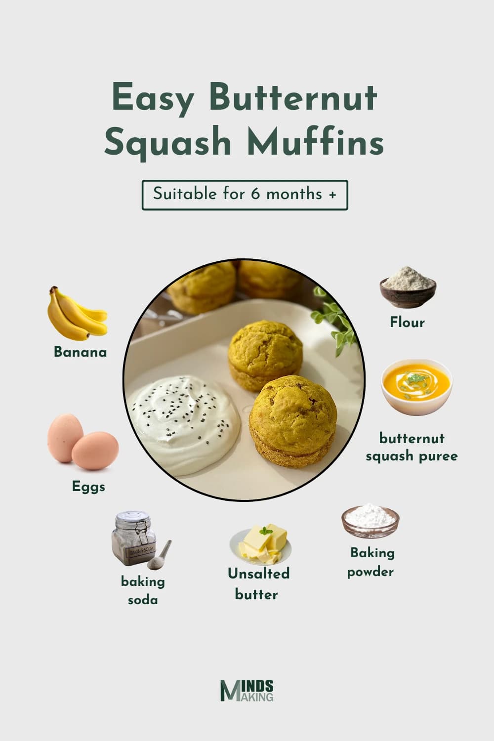 "Easy butternut squash muffins recipe for babies 6 months plus, featuring ingredients like banana, eggs, flour, butternut squash puree, unsalted butter, baking powder, and baking soda."