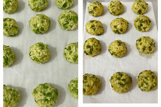 Rice balls baking on a parchment-lined tray in the oven until golden and crispy.