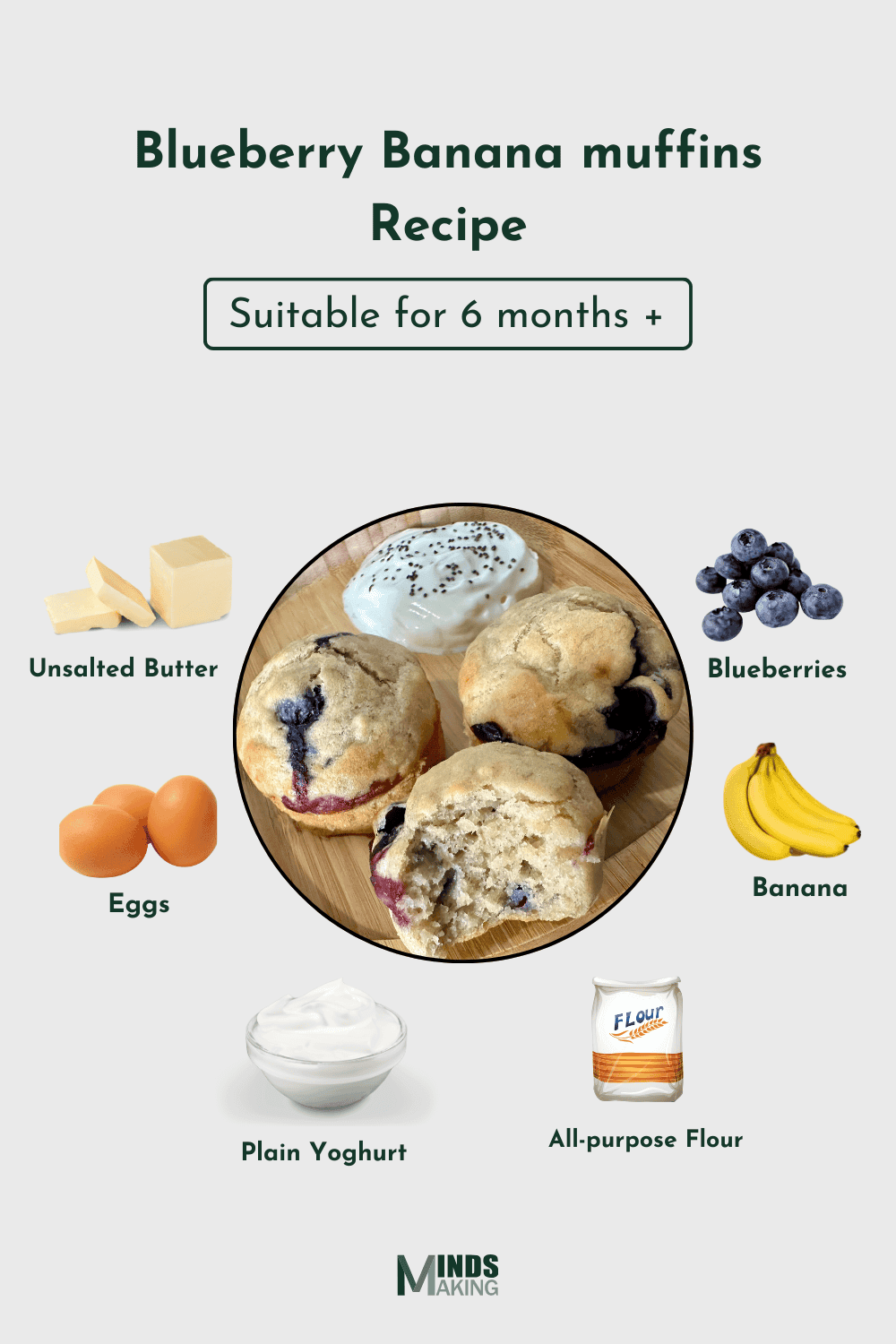 Freshly baked blueberry banana muffins made with ripe bananas, juicy blueberries, and wholesome ingredients, perfect for babies 6 months and older.