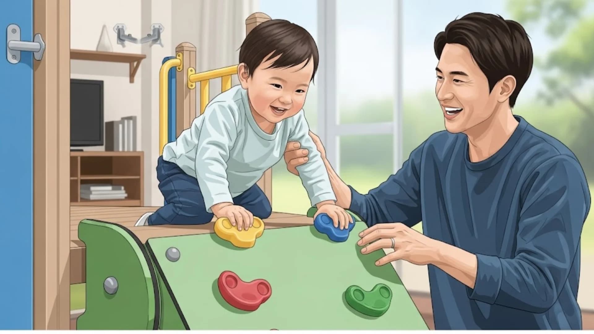 "Happy father supervising a toddler on an indoor climbing structure or playset."