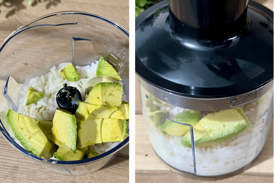 Blending cooked rice, avocado, egg yolk, and milk in a baby food processor to create a smooth and creamy avocado rice purée for babies.