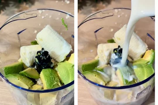 Before and after adding milk to a blender with sliced avocado, banana chunks, and cooked oatmeal. Ideal for preparing healthy breakfast smoothies, baby food purees, or nutritious shakes.