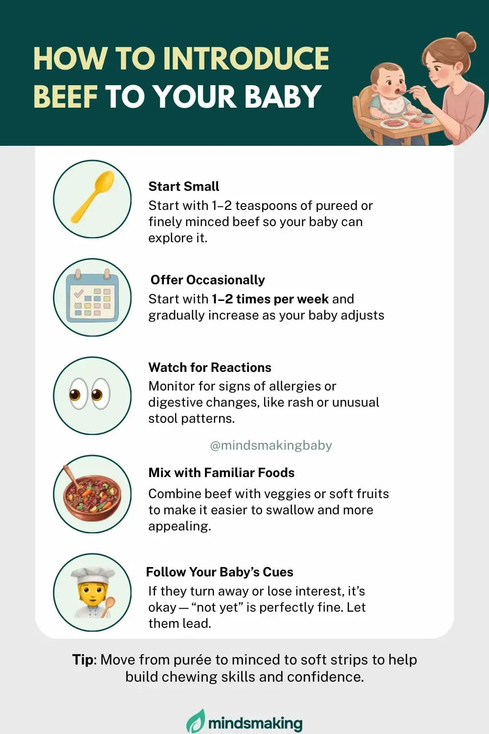 Visual guide comparing beef textures suitable for different baby ages, from pureed to soft finger-sized pieces.