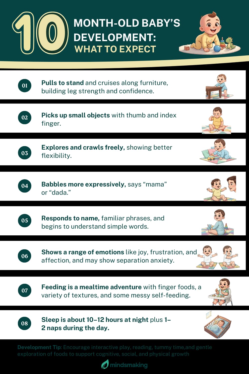 An informational graphic with a dark green background titled "10 MONTH-OLD BABY'S DEVELOPMENT: WHAT TO EXPECT".