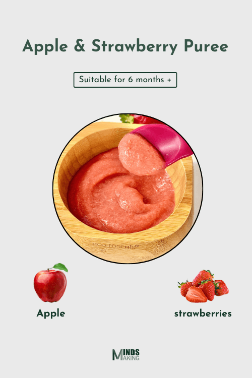 "Bowl of smooth apple and strawberry puree for babies, suitable for 6 months and older, with apple and strawberries illustrated below.