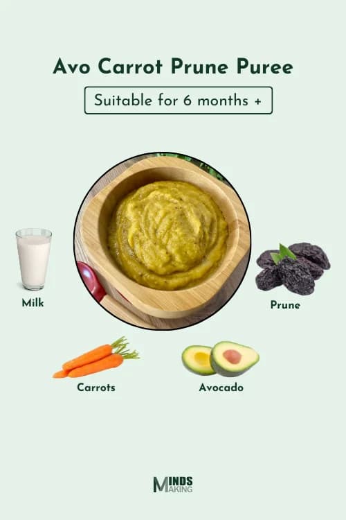 An image of a baby-friendly dish labeled "Avo Carrot Prune Puree," suitable for babies 6 months and older. The listed ingredients include carrots and avocado. The design is warm and inviting, likely aimed at parents preparing baby food.