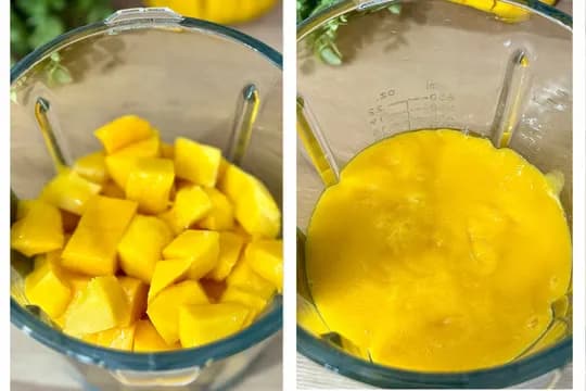"Blending chopped ripe mangoes into smooth puree in a blender – easy homemade mango puree recipe for babies or desserts"