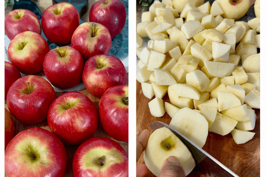 Peeled and cored apple chunks ready for cooking, using Fuji, Gala, or McIntosh apples for homemade applesauce.