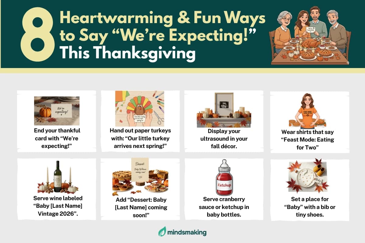 Infographic showing 8 heartwarming and fun ways to announce pregnancy, saying 'We’re Expecting!' this Thanksgiving, including ideas like using thankful cards, turkey crafts, ultrasound décor, and custom shirts.