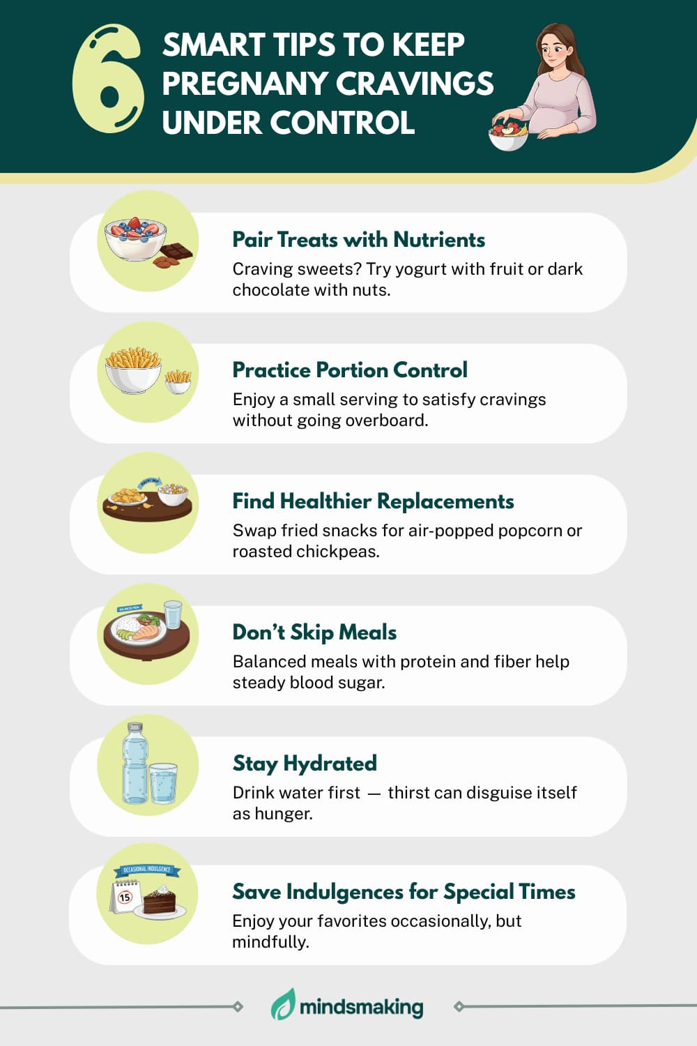 Infographic titled "6 Smart Tips to Keep Pregnancy Cravings Under Control." Tips include: Pair Treats with Nutrients (like yogurt with fruit or dark chocolate with nuts), Practice Portion Control, Find Healthier Replacements (like air-popped popcorn or roasted chickpeas), Don't Skip Meals (eat balanced meals with protein and fiber), Stay Hydrated (drink water first), and Save Indulgences for Special Times (enjoy favorites occasionally and mindfully).