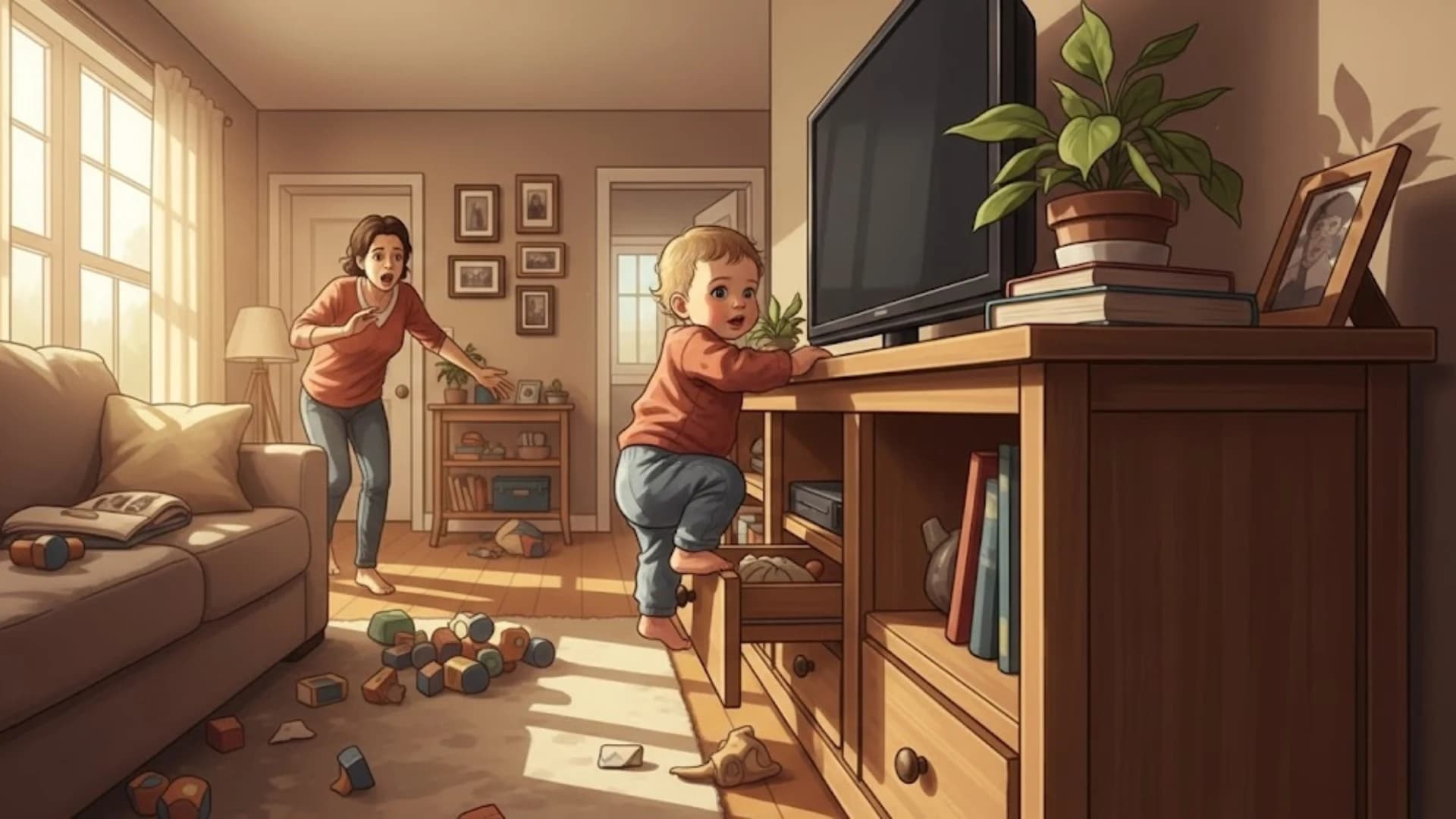 "Mother alarmed as a toddler climbs on an unstable TV stand, showing a common household child safety risk."