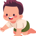 Cheerful flat illustration of a baby crawling (a key developmental milestone), with a wide smile, wearing a white shirt and green shorts. This image is perfect for content on baby motor skills or toddler movement.