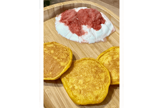 Pumpkin Banana Pancakes recipe for babies 6 months and older, made with ingredients like: pumpkin, banana, eggs, all-purpose flour, and plain yogurt. A healthy and easy-to-make nutritious