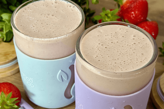 Serve and enjoy a cup of strawberry banana smoothie