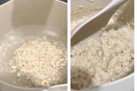 Before and after cooking oatmeal in a white pot, showing dry rolled oats in water on the left and creamy, cooked oatmeal on the right being stirred with a white spoon. Ideal for breakfast, baby food, or healthy recipes.