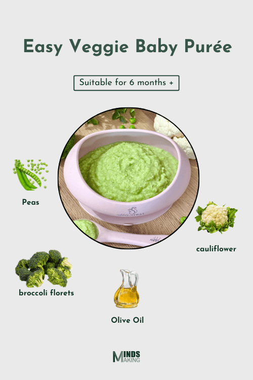 Smooth and colorful vegetable baby purée served in a small bowl, perfect for introducing healthy veggies to babies.