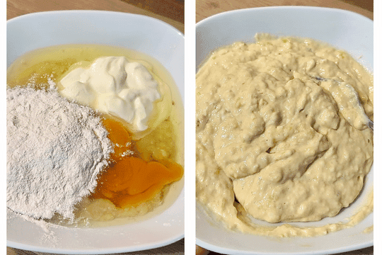 Mashed bananas in a bowl with Greek yogurt, cracked eggs, and self-raising flour being folded together gently with a spoon to form a smooth pancake batter.