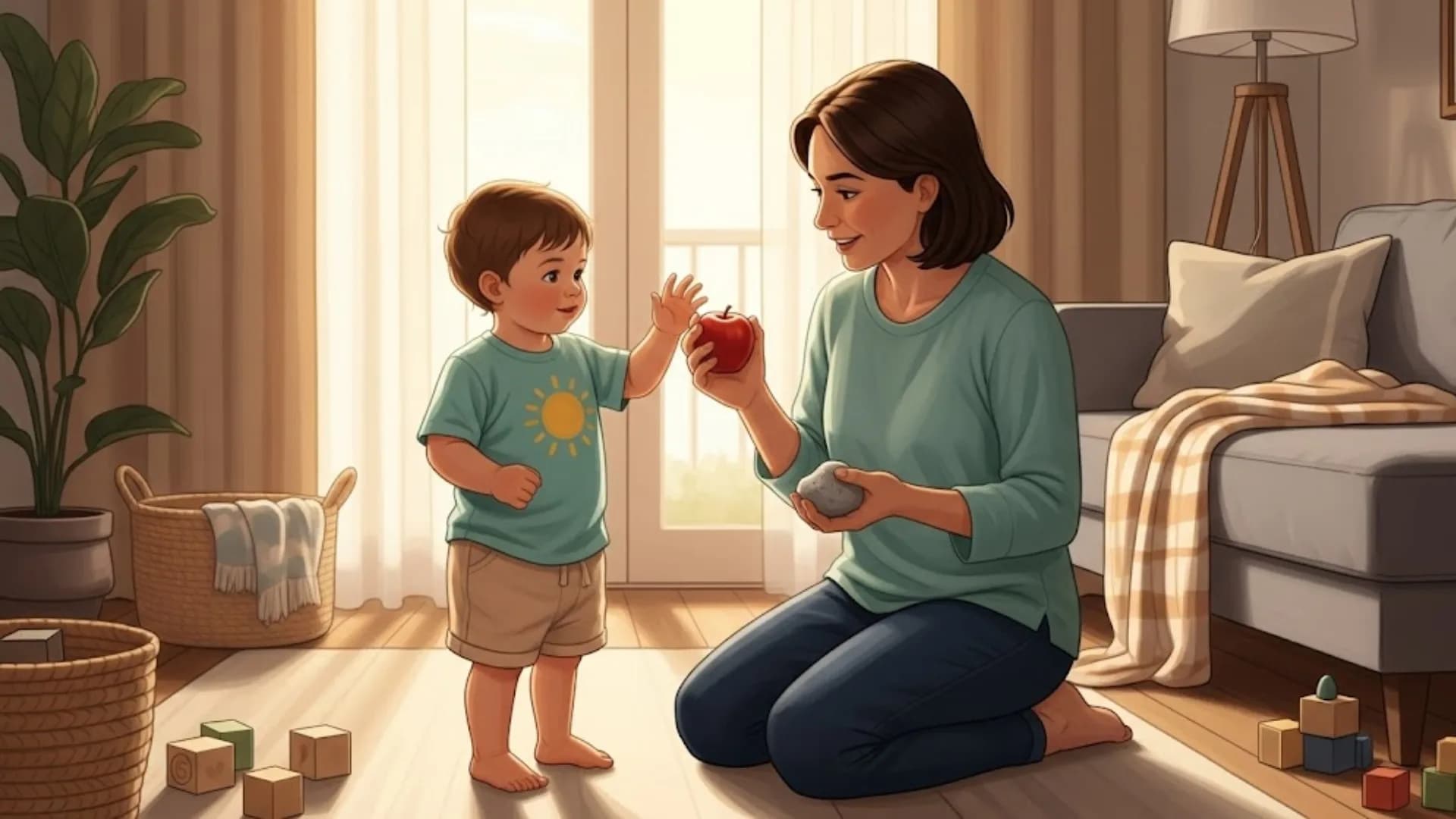 "Mother showing a toddler the difference between a real apple and a rock, teaching child safety about what to put in their mouth."