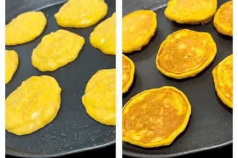 Pumpkin Banana Pancakes recipe for babies 6 months and older, made with ingredients like: pumpkin, banana, eggs, all-purpose flour, and plain yogurt. A healthy and easy-to-make nutritious
