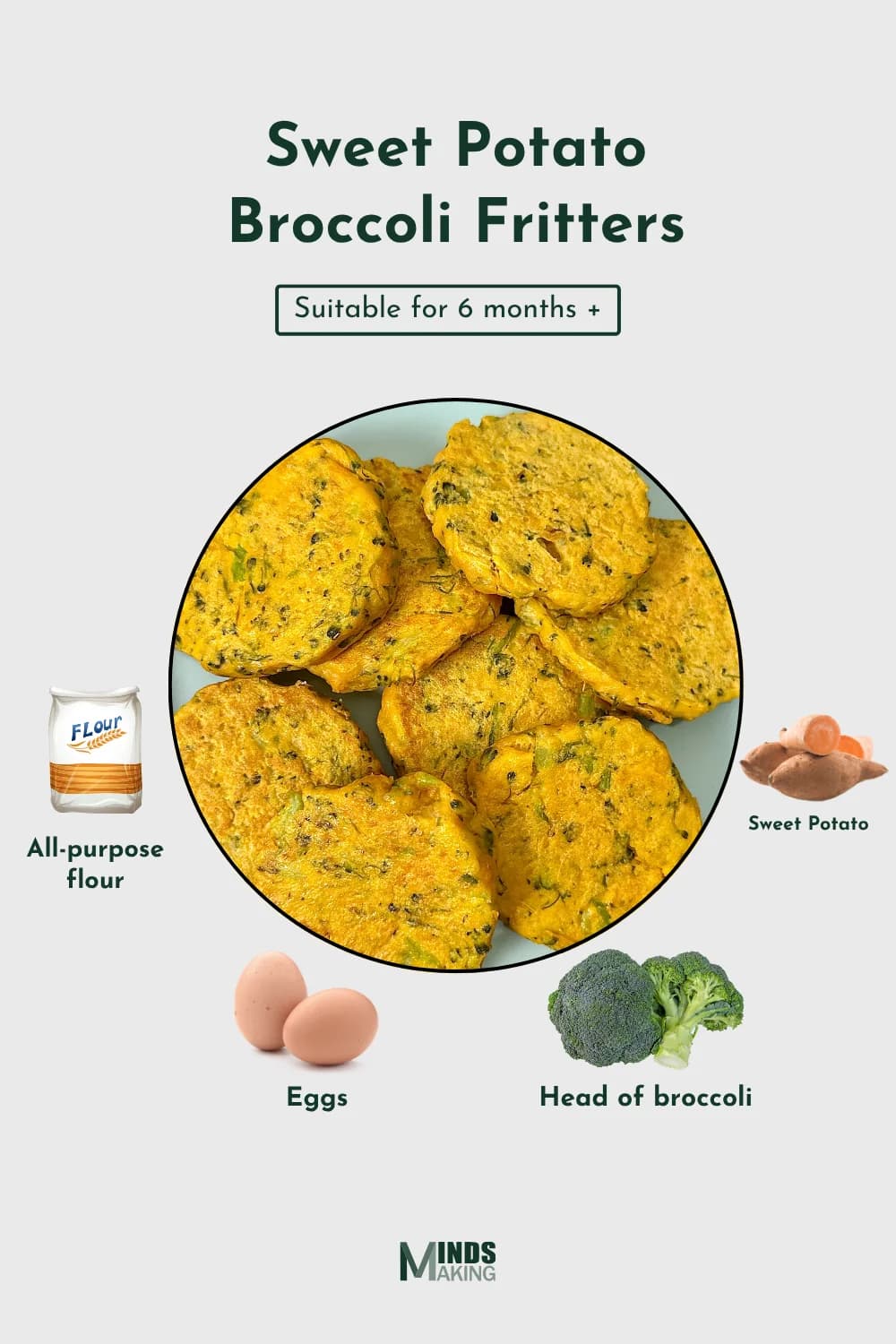 "Homemade sweet potato broccoli fritters made with chopped sweet potatoes, broccoli florets, eggs, and flour.
