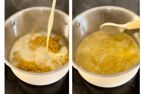 "Pour in your choice of milk or water, bring the mixture to a gentle boil over medium heat."
