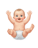 "Full illustration of a joyful baby actively waving arms and kicking legs with a wide smile, demonstrating early motor development and involuntary movements like the startle reflex (Moro reflex). Clean illustration with a white background, suitable for infant exercise and motor skill development educational materials."