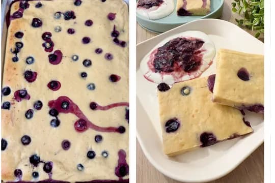 Cooling blueberry sheet-pan pancake before slicing into squares—served plain or topped with yogurt, nut butter, or cinnamon for a toddler-friendly breakfast.