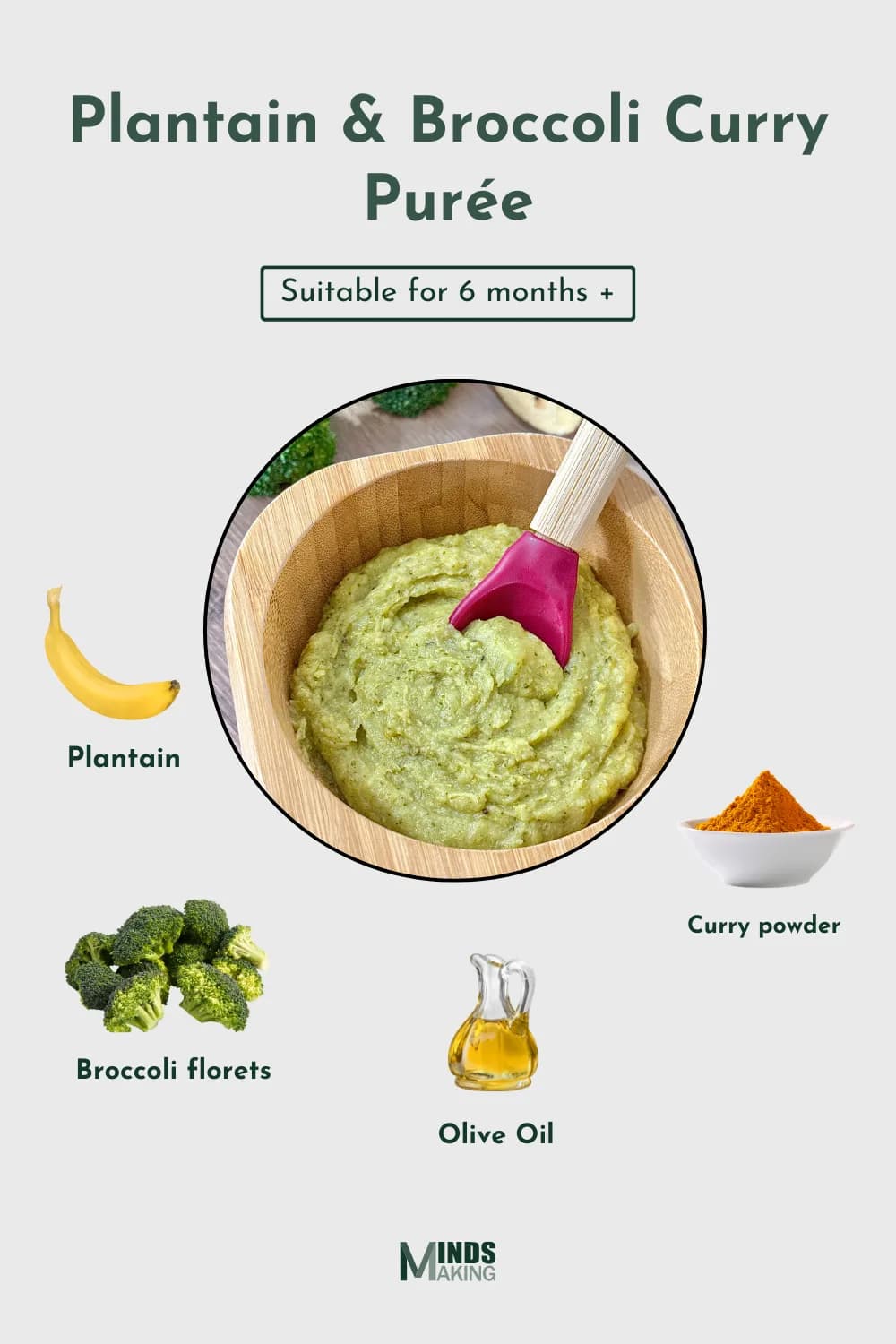 An image showing all the ingredients for a Plantain and Broccoli Curry Purée recipe, including plantain, broccoli florets, curry powder, and olive oil, with a finished bowl of purée in the center.