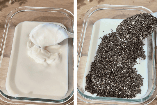 Mixing milk, plain yogurt, and chia seeds to create a nutritious chia pudding rich in probiotics and fiber for a healthy breakfast or snack.