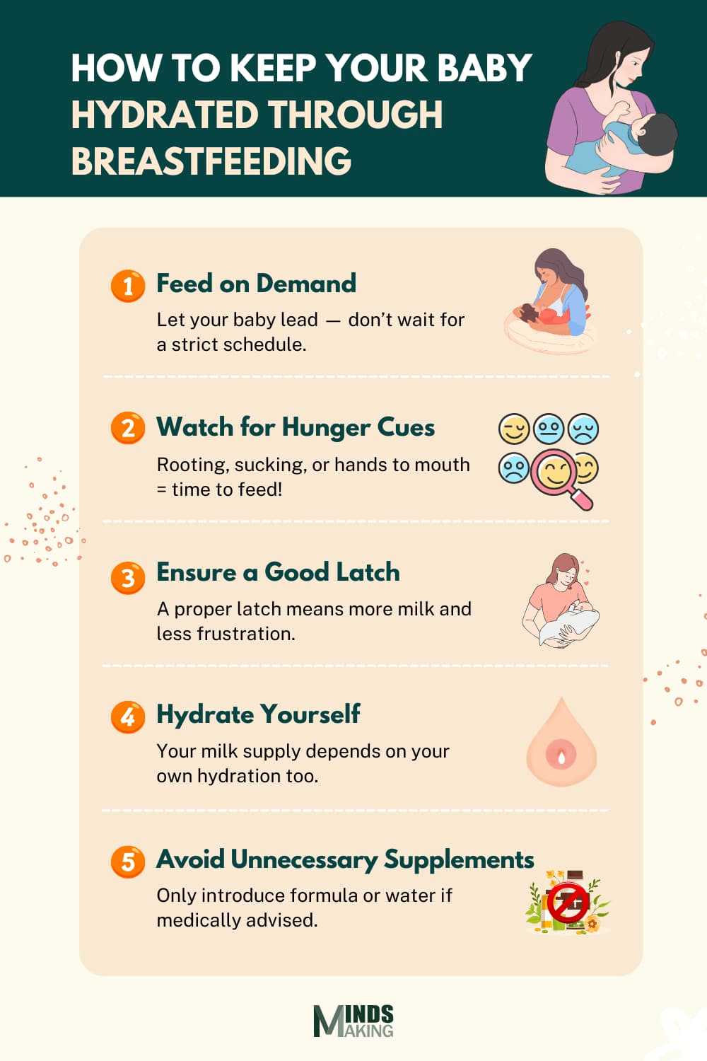 "Infographic on how to keep your baby hydrated through breastfeeding, featuring five tips: feed on demand, watch for hunger cues, ensure a good latch, hydrate yourself, and avoid unnecessary supplements