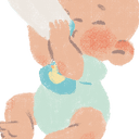 Pastel illustration of an infant sucking its toe: A textured, minimalist drawing of a baby lying down, wearing a light blue onesie, with one foot raised to its mouth for sucking or play.