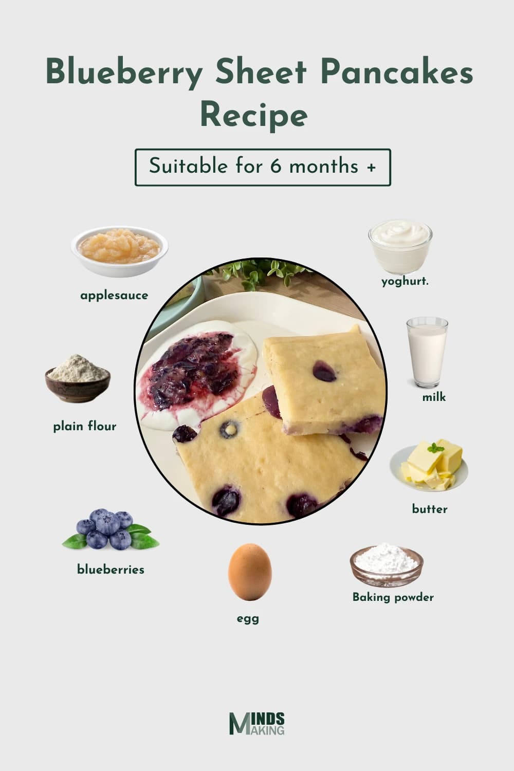 Blueberry Sheet Pancakes recipe for babies 6 months and older, made with ingredients like applesauce, plain flour, blueberries, egg, yogurt, milk, butter, and baking powder. A fluffy and nutritious homemade baby food recipe designed by MindsMaking