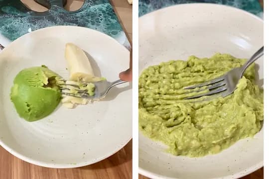 Mashed avocado banana in a bowl.