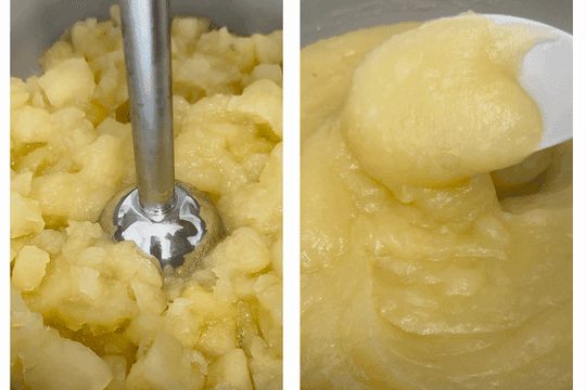 Blending cooked apples with an immersion blender for chunky or smooth homemade applesauce, after removing from heat.
