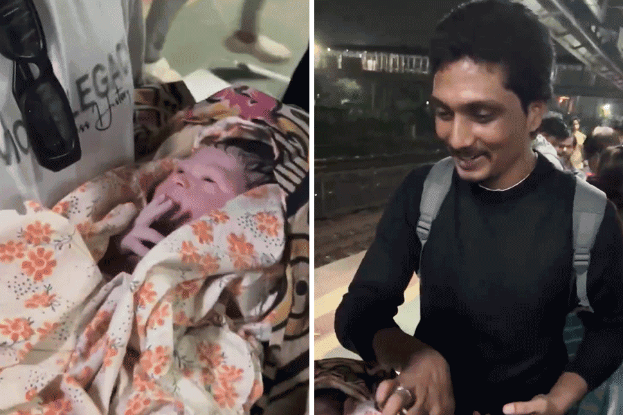 A woman holding a newborn baby surrounded by people at what appears to be a train station, with another image showing a man looking concerned nearby.