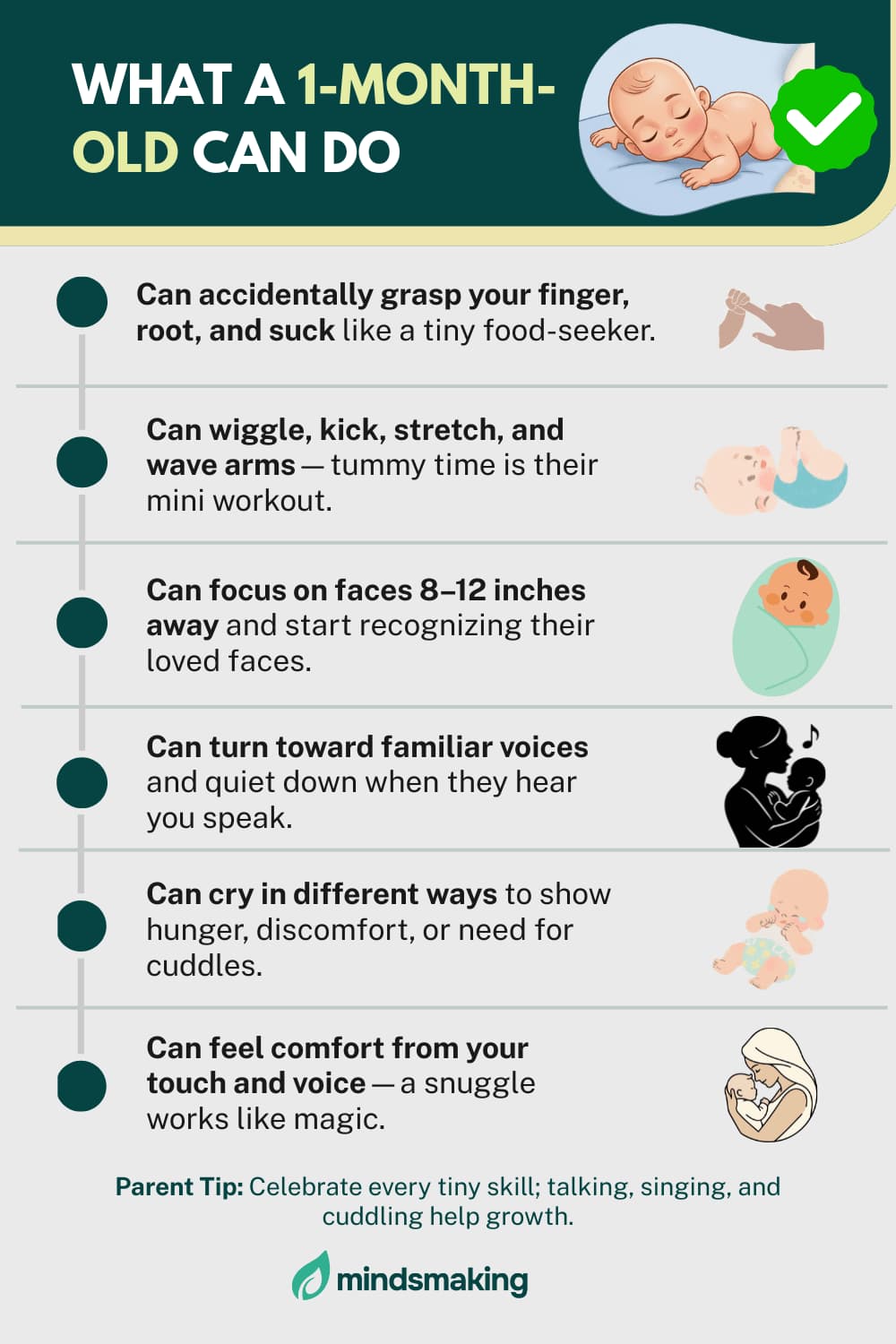 Infographic visual guide: What a 1-month-old baby can do, covering developmental milestones like the grasp, rooting, and sucking reflexes, kicking and stretching, focusing on faces 8 to 12 inches away, turning toward familiar voices, communicating needs by crying, and feeling comfort from touch and voice."