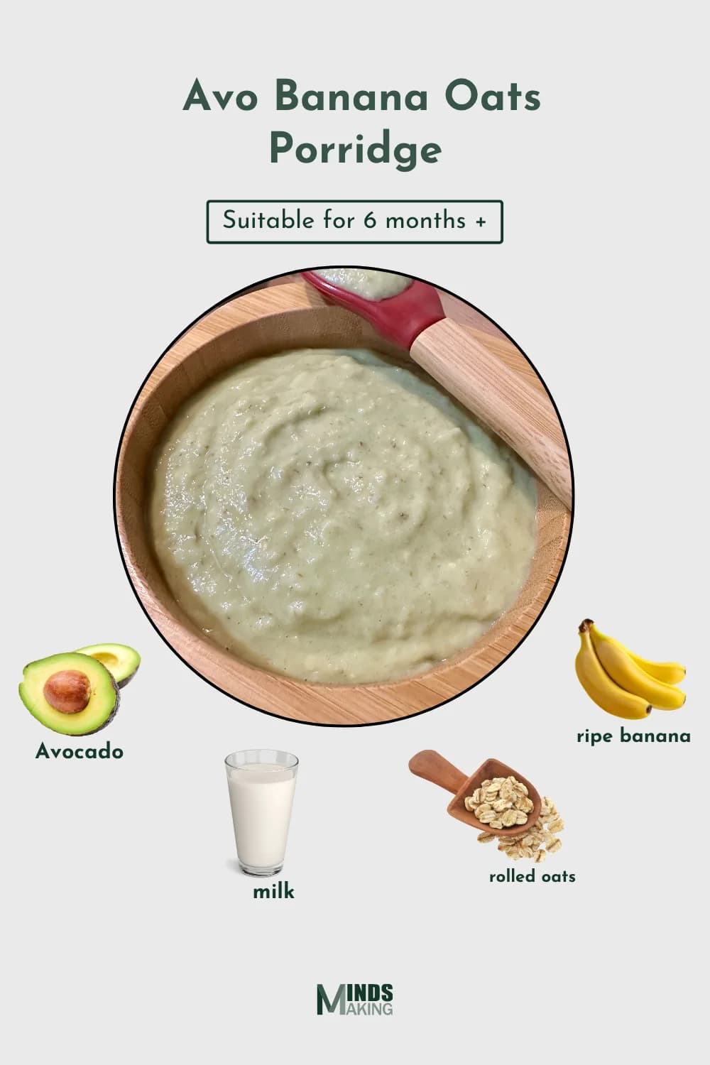 Avo Banana Oats Porridge recipe for babies 6 months and older, made with ingredients like: avocado, ripe banana, milk, and rolled oats. A healthy and easy-to-make nutritious homemade baby food recipe designed by Mindsmaking .