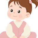 Cartoon illustration of a smiling baby girl sitting upright without support: A vector graphic of a happy infant with brown hair tied in a ponytail and rosy cheeks, wearing a pink dress or jumper over a cream-colored top.