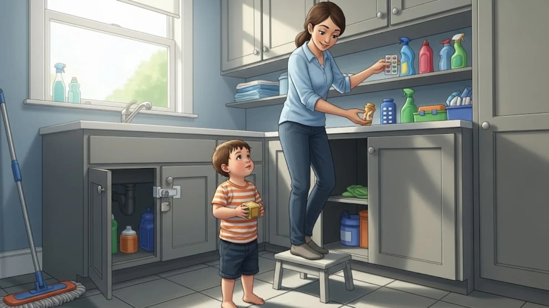 "Mother using a step stool to store cleaning supplies and medicines safely out of reach of a toddler in a laundry room or utility area."