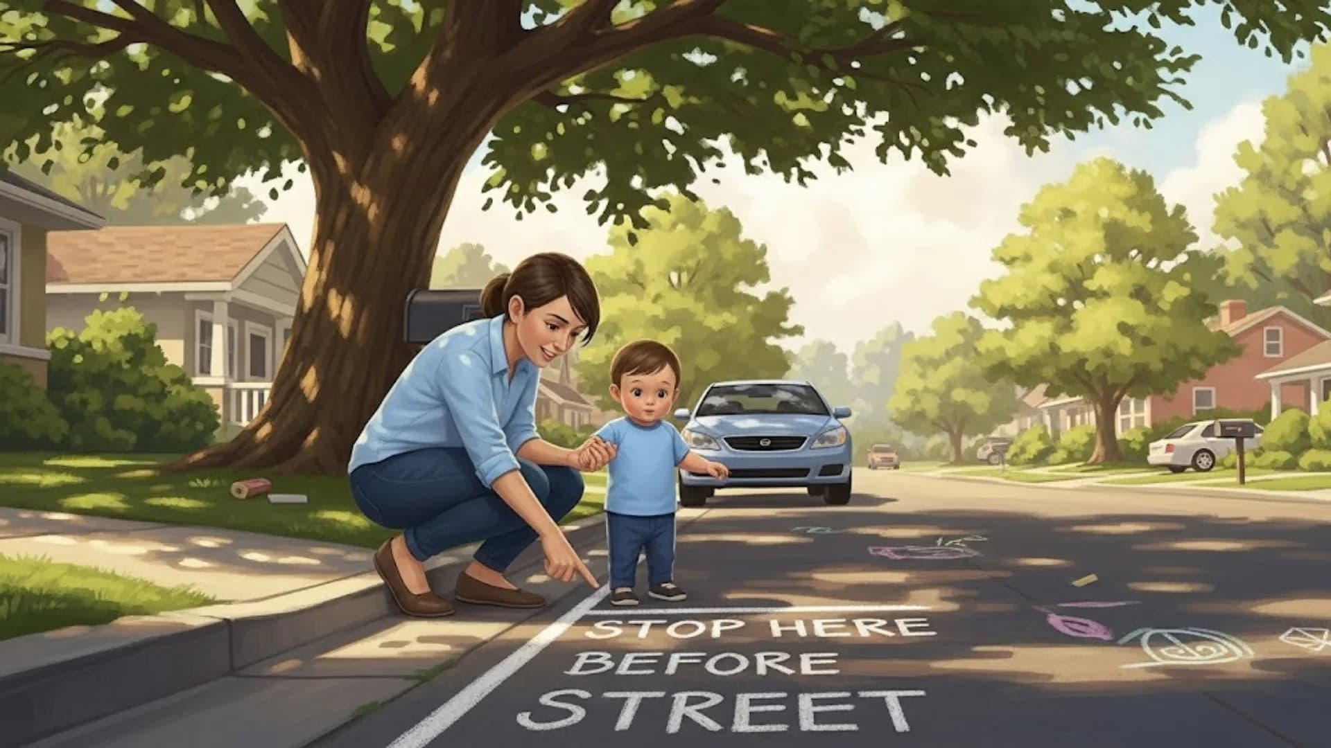 "Mother and child practicing pedestrian safety, with 'STOP HERE BEFORE STREET' written on the sidewalk in a suburban neighborhood."