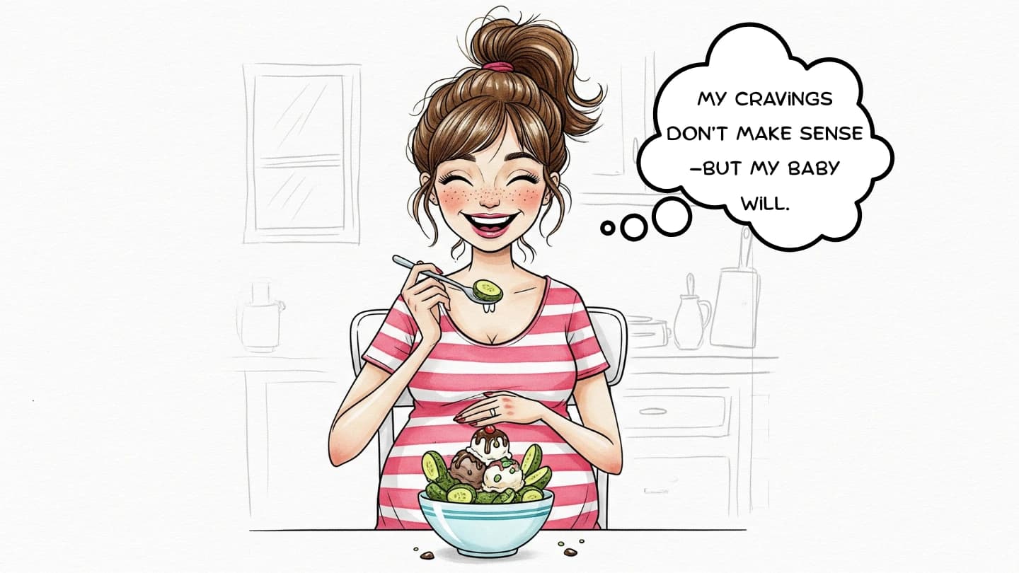 Funny pregnancy cravings meme showing expectant mom with unusual food combinations