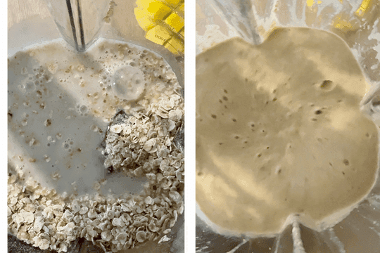 Blending mango oatmeal smoothie until creamy and smooth—adjusting thickness with almond milk for a perfect kid-friendly breakfast drink.