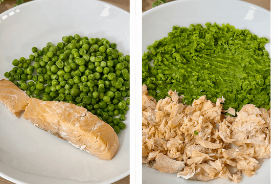 Mashing cooked salmon and peas in a bowl.