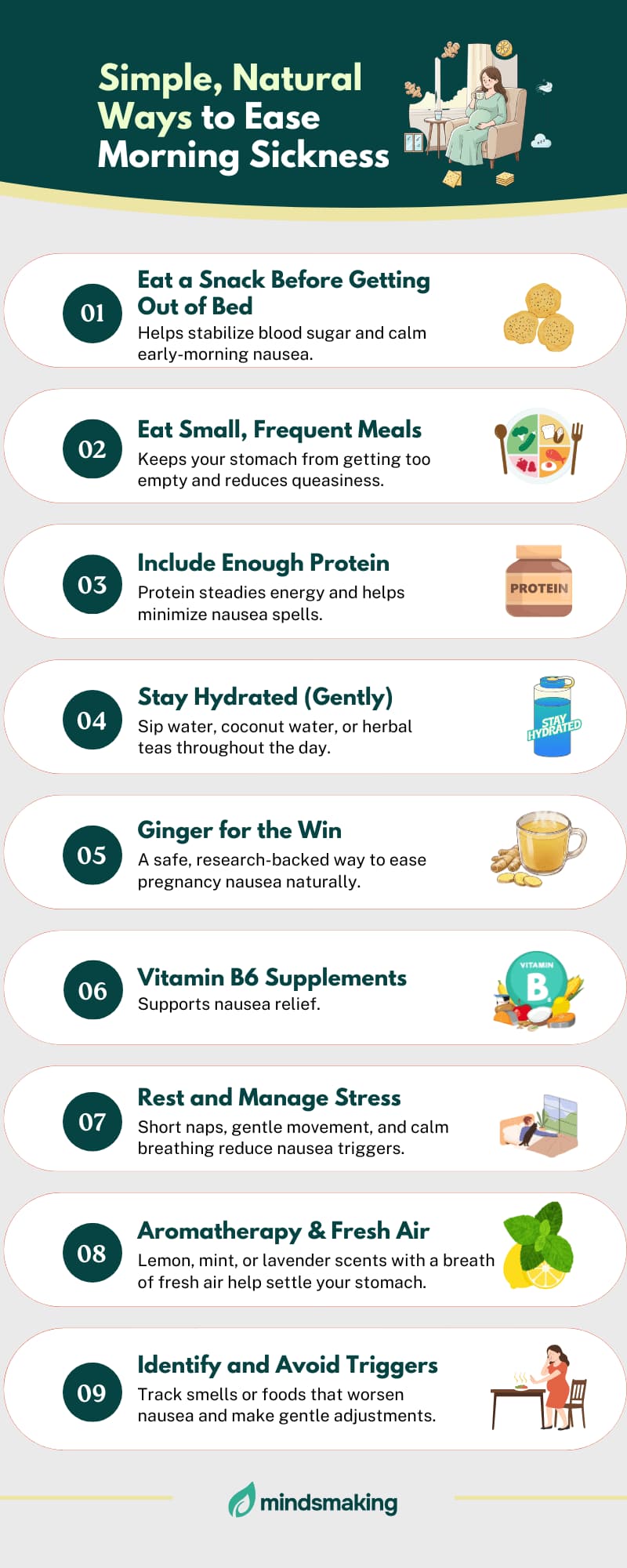 Infographic titled "Simple, Natural Ways to Ease Morning Sickness." The guide provides 9 natural remedies for pregnancy nausea, including tips on eating small, frequent meals, staying hydrated, using ginger, taking Vitamin B6 supplements, managing stress, incorporating aromatherapy (lemon/mint), and avoiding nausea triggers. This image is ideal for content on pregnancy relief and prenatal health.