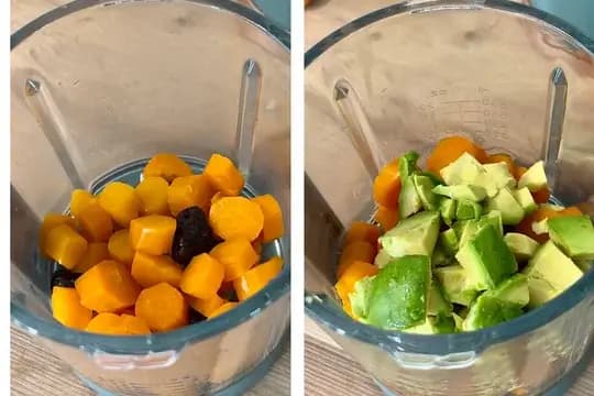 Bowl of washed and peeled carrots, prunes, and avocado, ready for blending.
