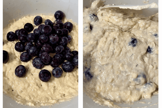 pancake batter with fresh blueberries added and mixed in, showcasing a nutritious and baby-friendly pancake recipe ideal for healthy breakfast ideas.