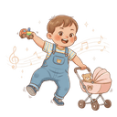 A smiling toddler playing with push and pull toys and dancing to music against a white background.